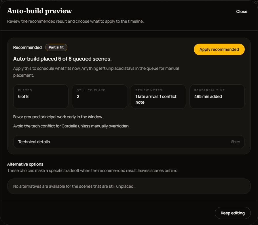 Stagehand schedule builder showing an automatically generated rehearsal schedule