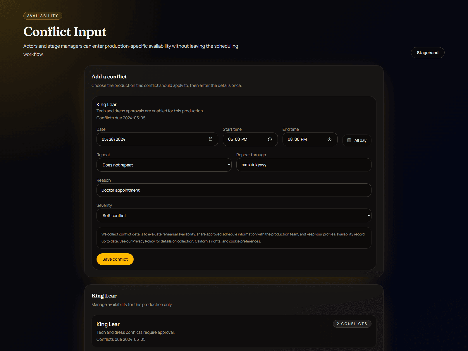 Stagehand actor conflict entry interface