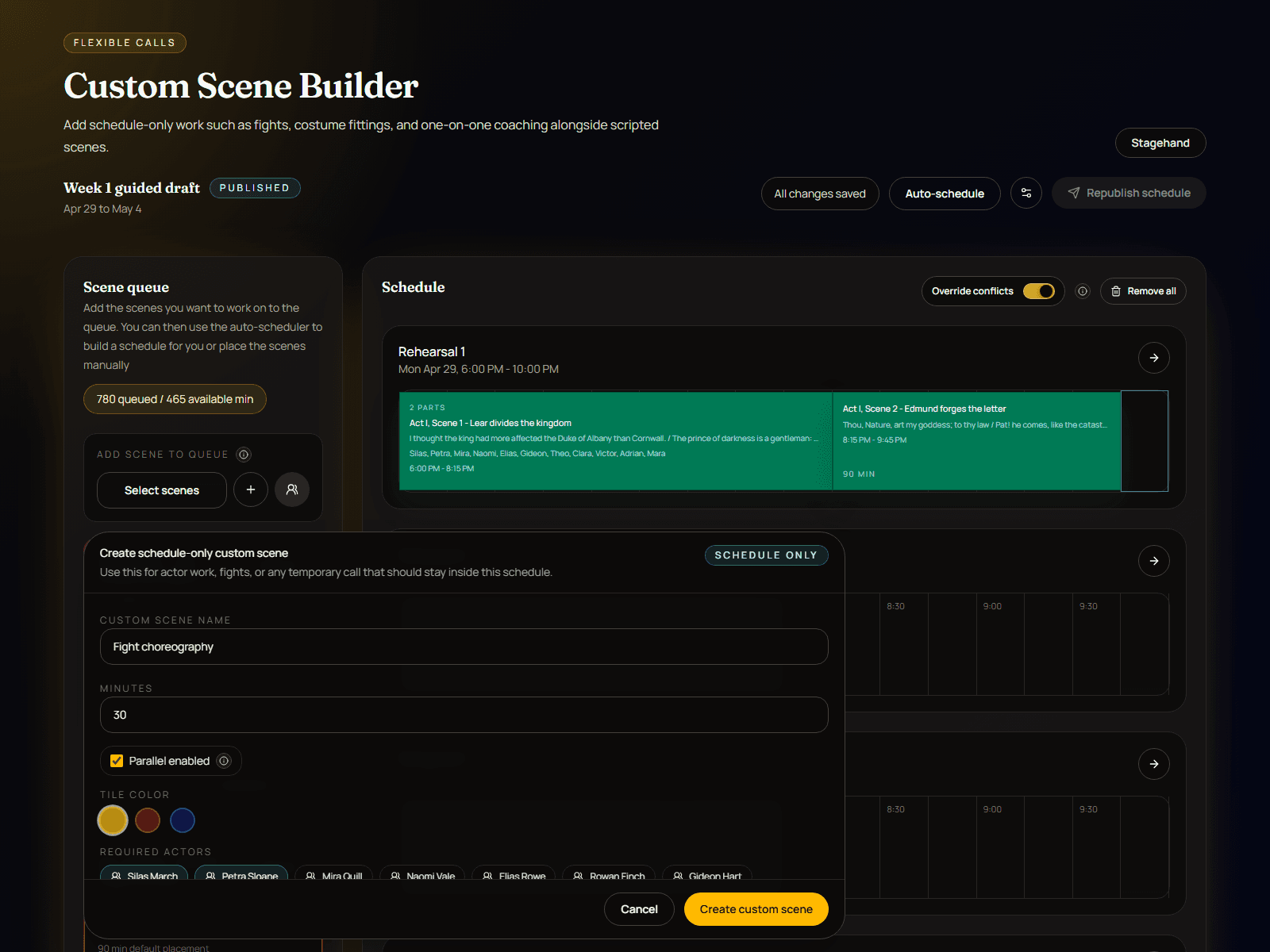 Stagehand custom scene editor for one-off rehearsal work