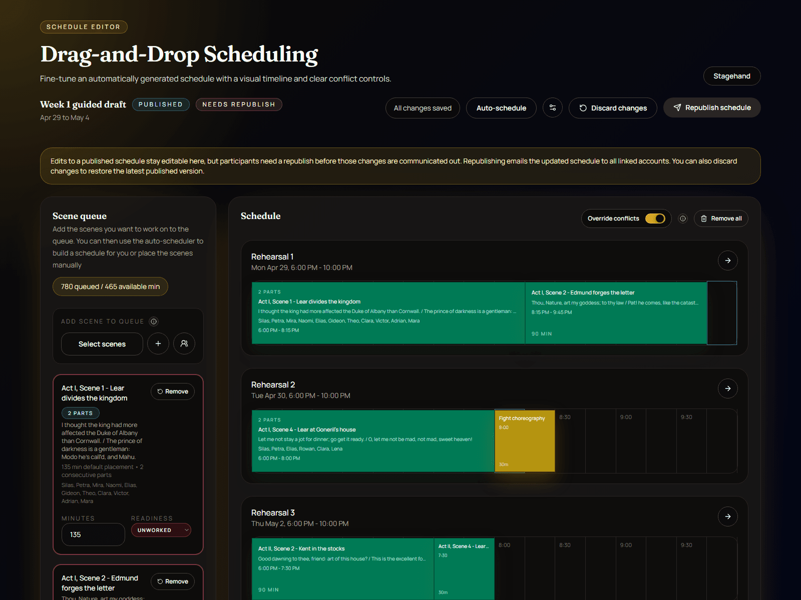 Stagehand schedule editor with drag and drop scene placement