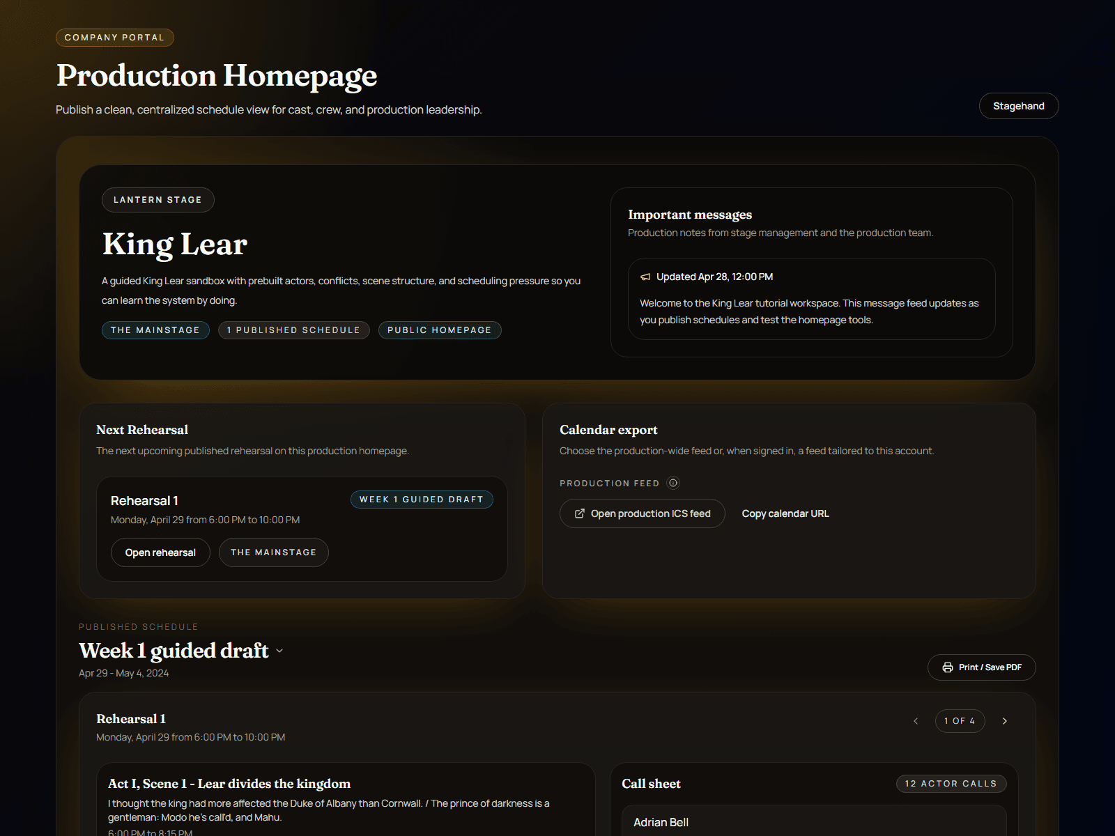 Stagehand public production homepage with published schedule details